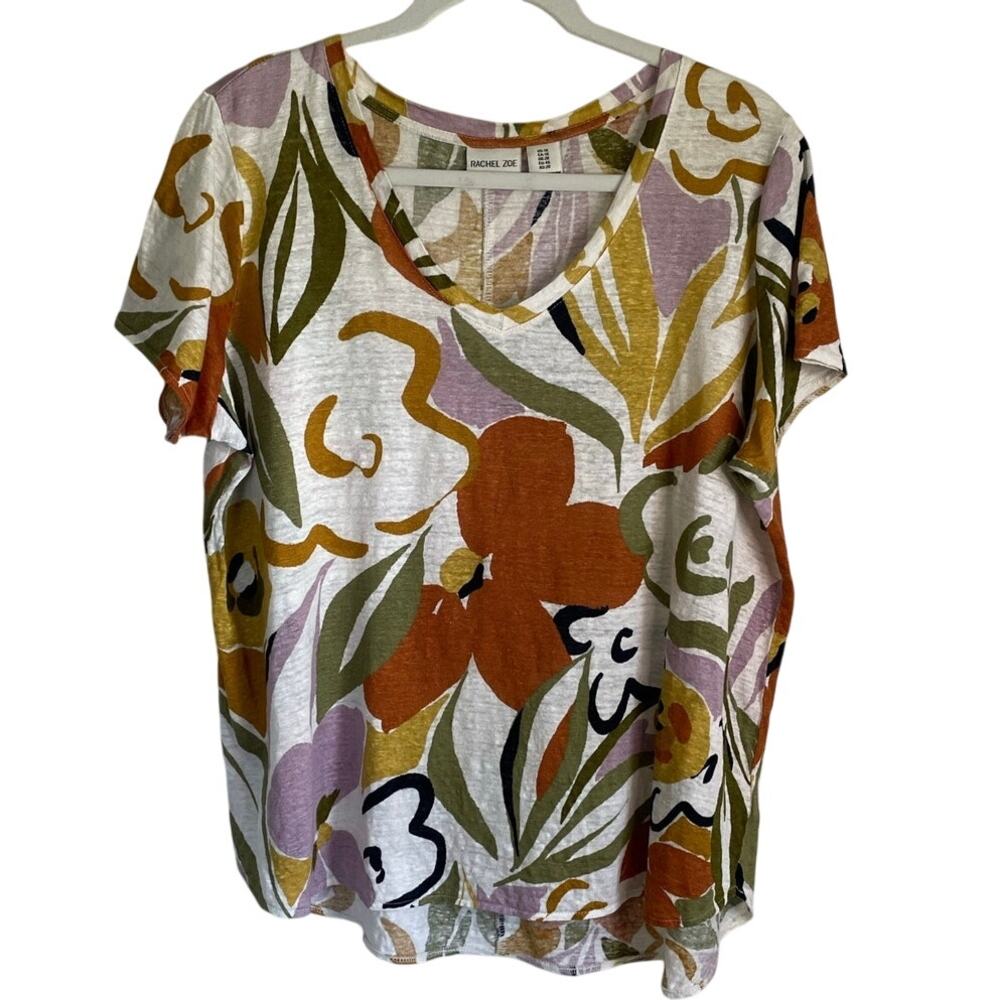 Rachel Zoe 100% Linen Floral Top Sz 1X Short Sleeves V-Neck Casual Breathable